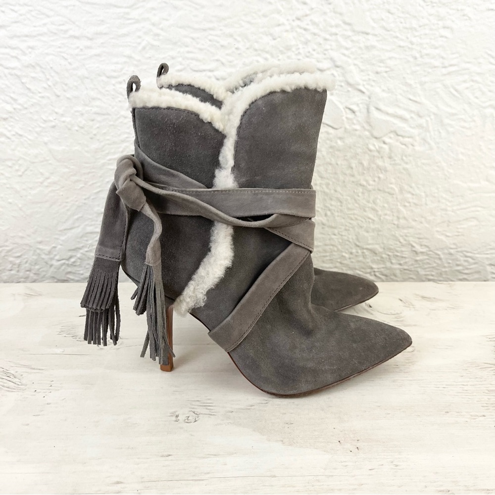 Schutz Boots Suede Sherpa Fur Trim Gray Ankle Wrap Tassel 7.5